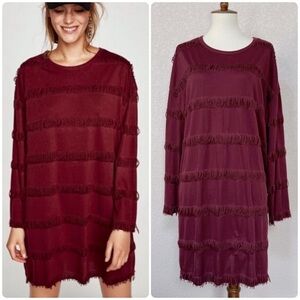 NWOT Zara maroon oversized striped fringe long-sleeve mini dress
